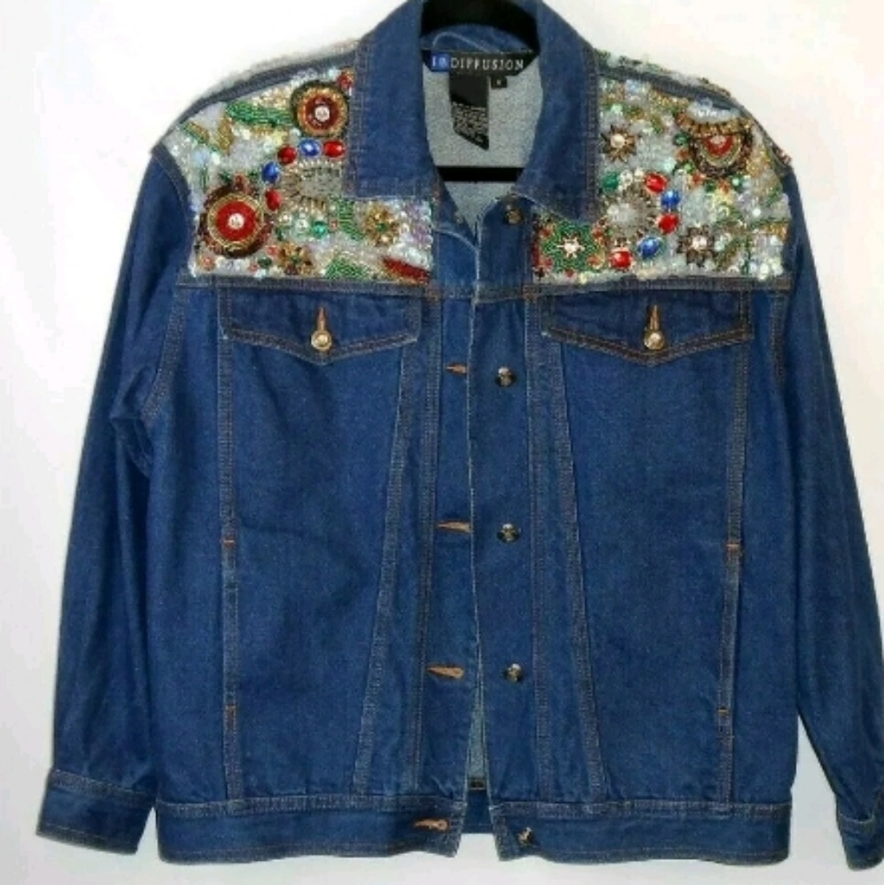 Vintage Sequin Beaded Shoulder Jean Jacket